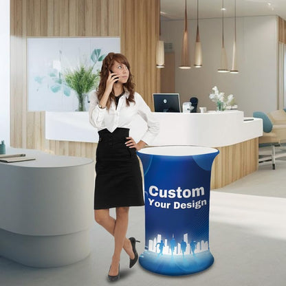 Quicklyshow Portable Promotion Exhibition Counter Table Tension Fabric Curved Oval Trade Show Pop up Counter Display