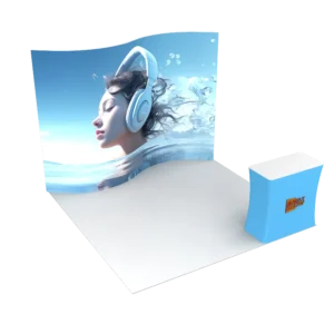 10x10ft Curved Tension Fabric Trade Show Booth – With Printed Graphics & Podium