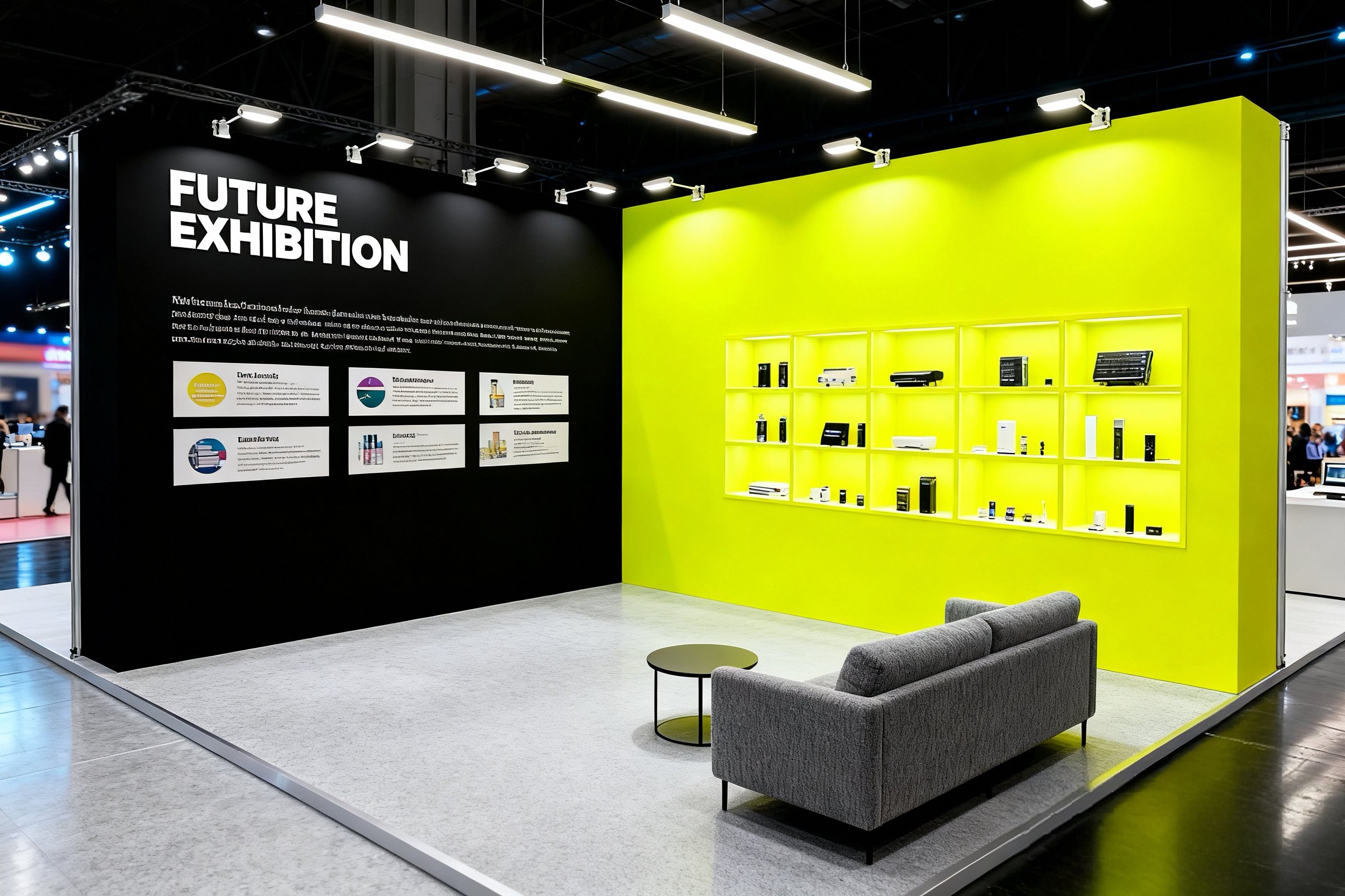 Custom trade show booth design with product pedestals
