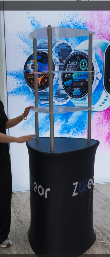 Finished foldable product display counter with printed fabric graphic and acrylic shelves