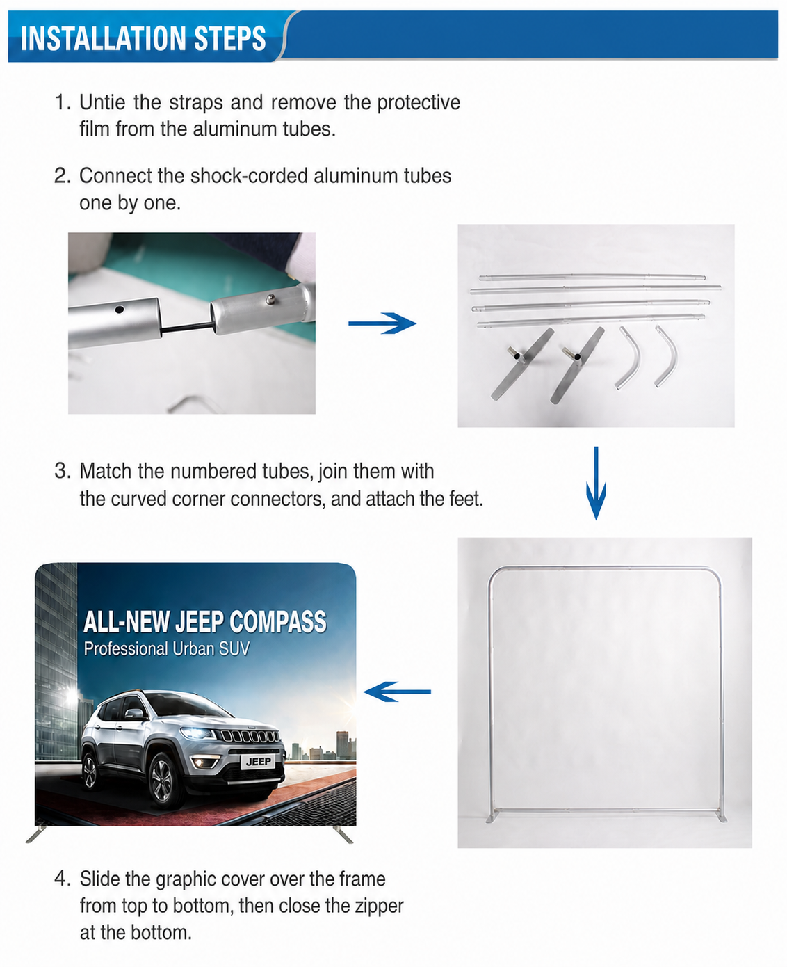 English installation steps for a QuicklyShow tension fabric display stand